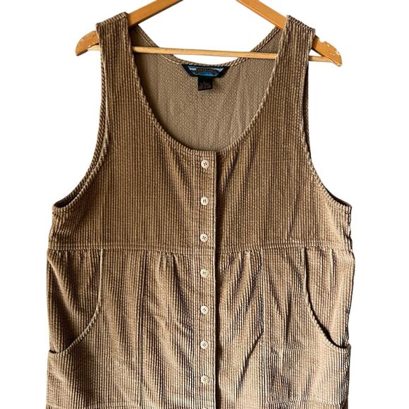 90s VTG Corduroy Button Down Overall Maxi Dress Large Modest Cottagecore Khaki - Picture 2 of 7